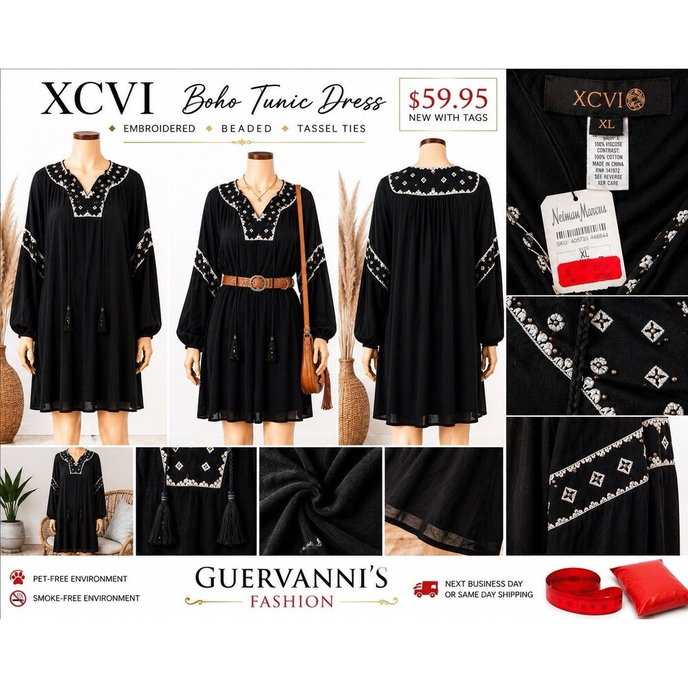 XCVI Embroidered Blouse size XL Black Boho Tunic Dress  Blouse Beaded   NWT